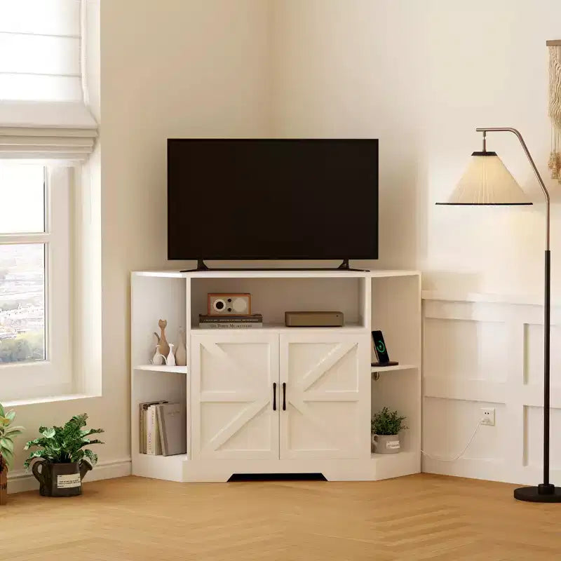 GustoWave Corner TV Stand, 45.3 Mid Century Modern TV Stand with Power Outlet & Storage for Living Room, Bedroom, White