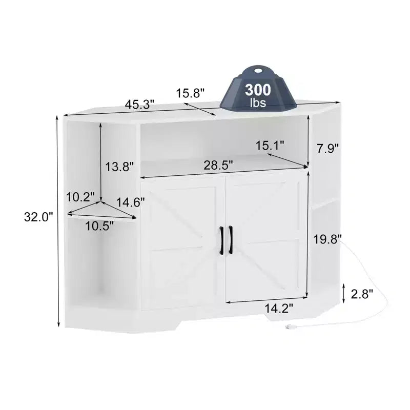 Meuble TV d'angle, meuble TV moderne du milieu du siècle de 45,3 po avec prise de courant et rangement pour salon, chambre, blanc