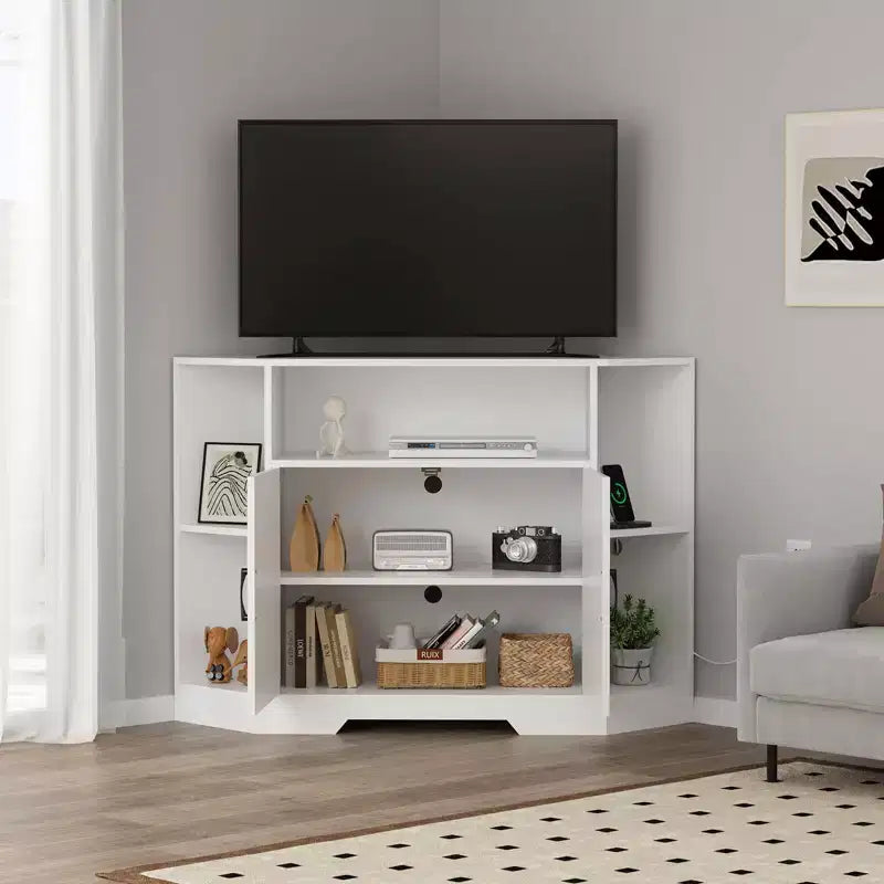 Meuble TV d'angle, meuble TV moderne du milieu du siècle de 45,3 po avec prise de courant et rangement pour salon, chambre, blanc