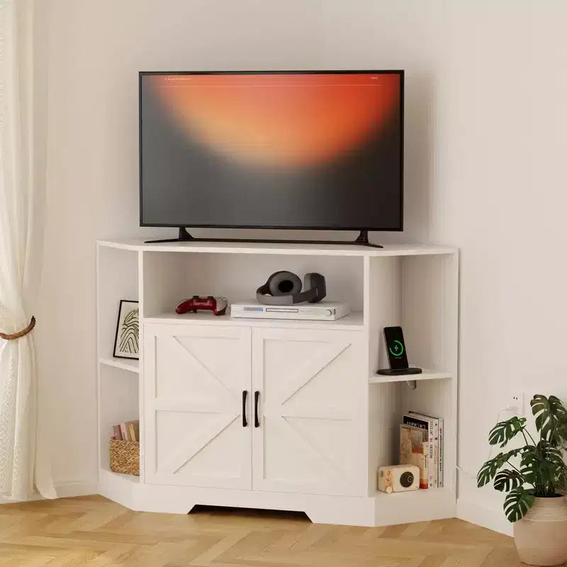 Meuble TV d'angle, meuble TV moderne du milieu du siècle de 45,3 po avec prise de courant et rangement pour salon, chambre, blanc