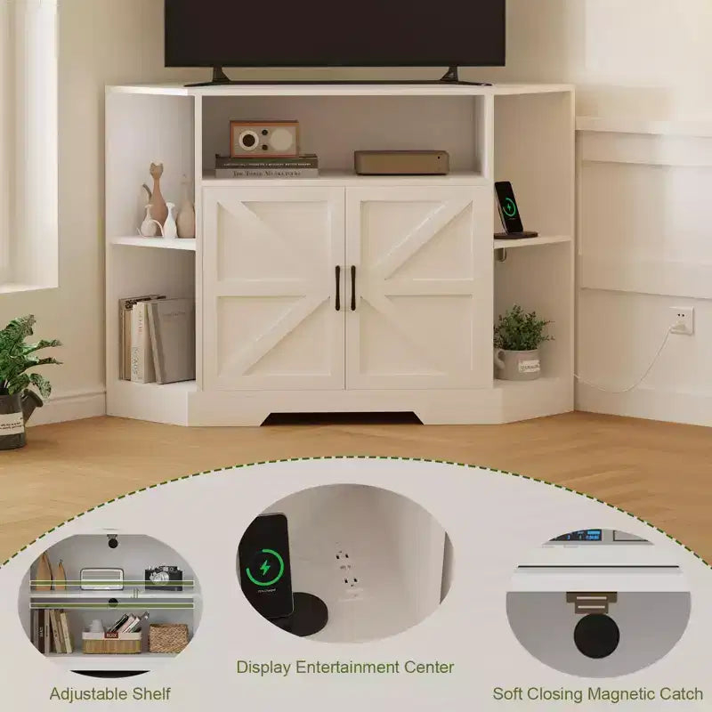 Meuble TV d'angle, meuble TV moderne du milieu du siècle de 45,3 po avec prise de courant et rangement pour salon, chambre, blanc