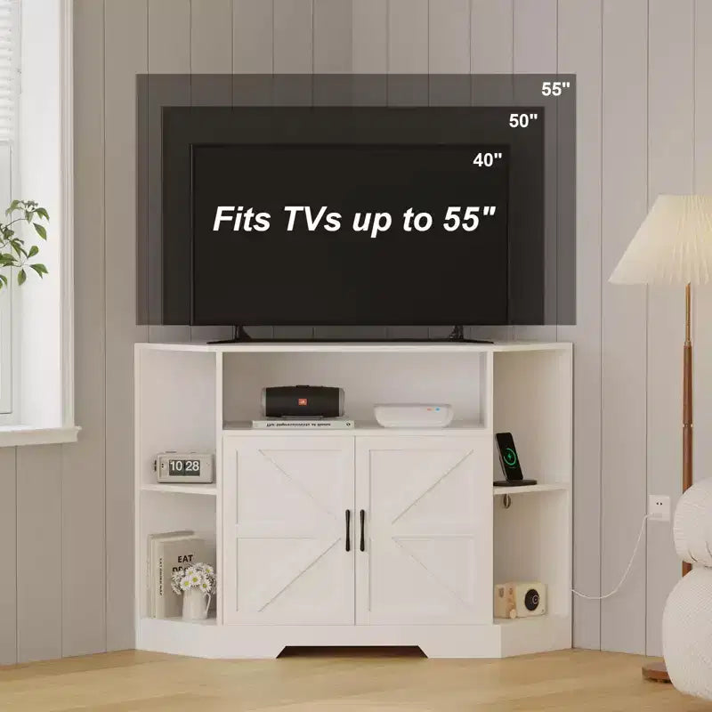 Meuble TV d'angle, meuble TV moderne du milieu du siècle de 45,3 po avec prise de courant et rangement pour salon, chambre, blanc