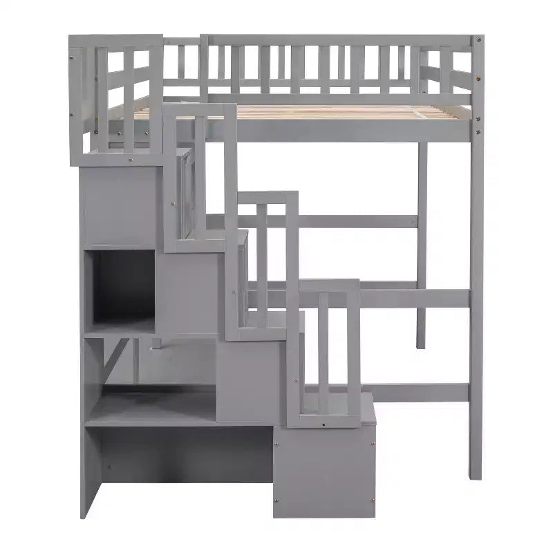 Lit mezzanine double avec bureau, étagères de rangement et escalier