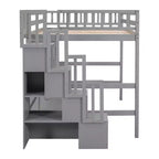 Lit mezzanine double avec bureau, étagères de rangement et escalier