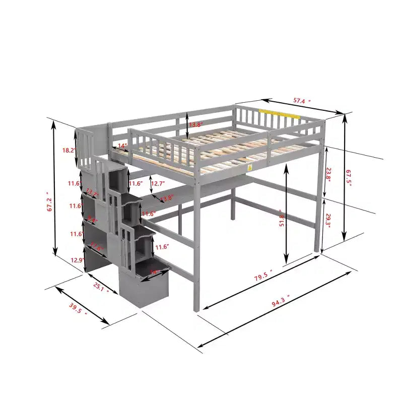 Lit mezzanine double avec bureau, étagères de rangement et escalier