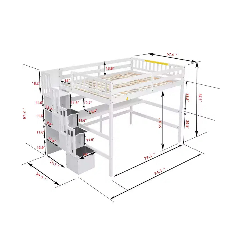 Lit mezzanine double avec bureau, étagères de rangement et escalier
