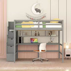 Lit mezzanine double avec bureau, étagères de rangement et escalier