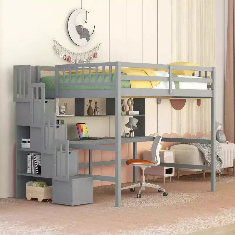 Lit mezzanine double avec bureau, étagères de rangement et escalier
