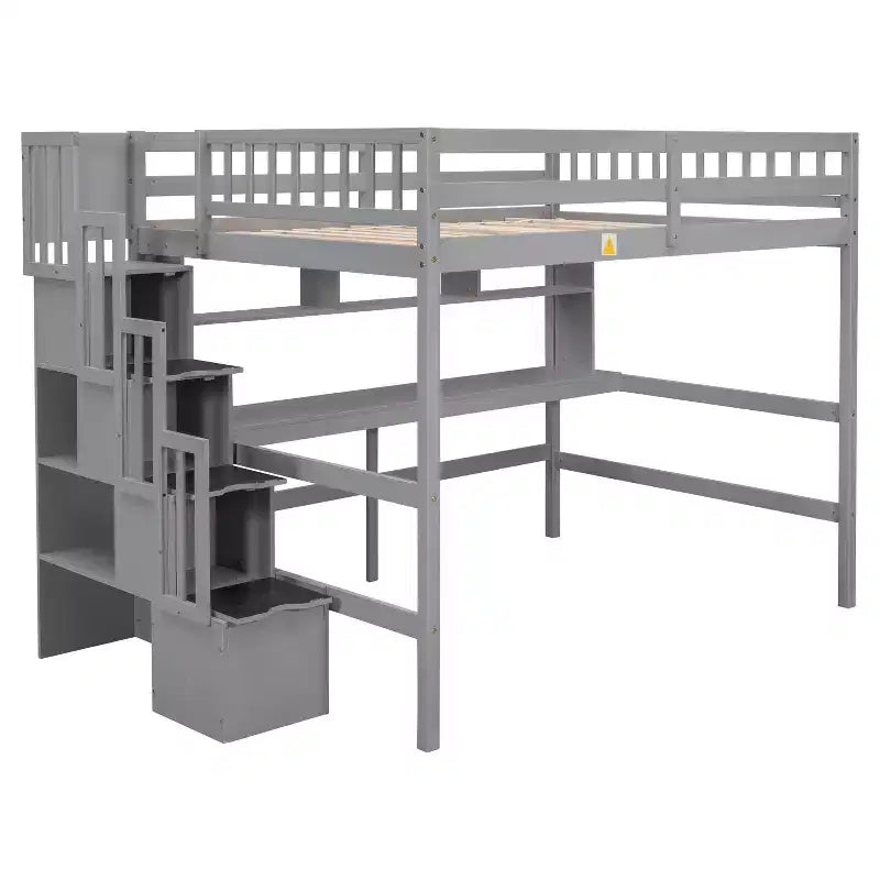 Lit mezzanine double avec bureau, étagères de rangement et escalier