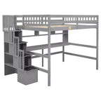 Lit mezzanine double avec bureau, étagères de rangement et escalier