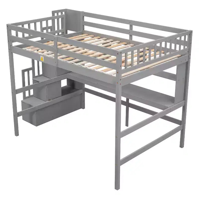Lit mezzanine double avec bureau, étagères de rangement et escalier