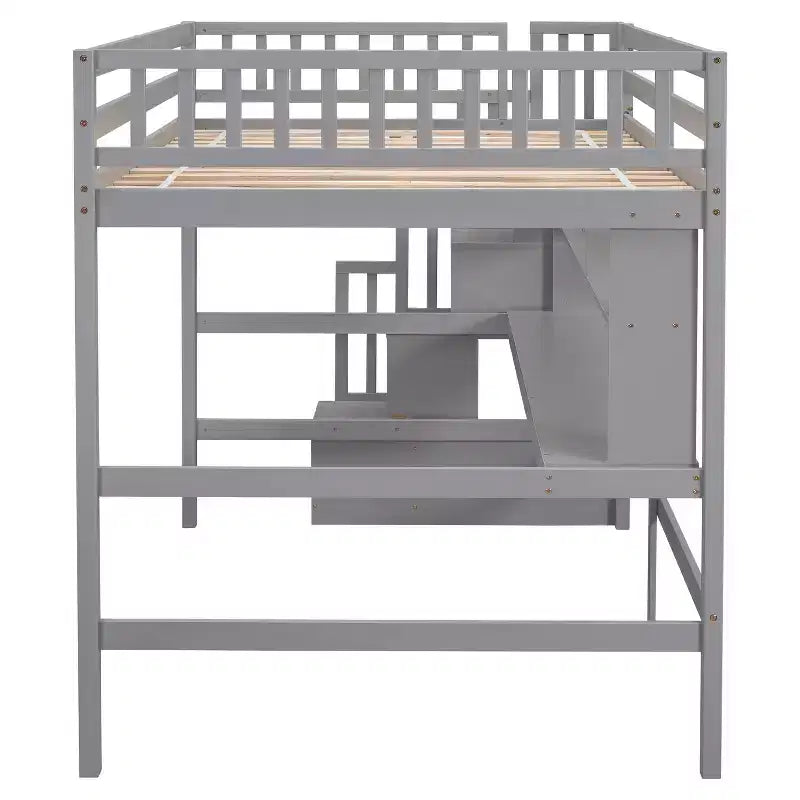 Lit mezzanine double avec bureau, étagères de rangement et escalier