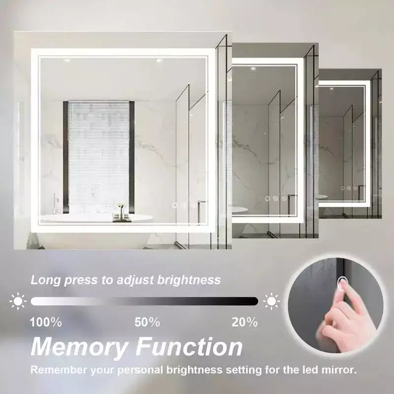Miroir de courtoisie mural de salle de bain moderne sans cadre, anti-buée, éclairé par LED, intensité variable