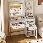 Coiffeuse avec Miroir Lumineux, Prise de Courant, Meuble en Acrylique, 2 Tiroirs, Étagères de Rangement Ouvertes, LED 3 Couleurs, Table de Maquillage, Blanche