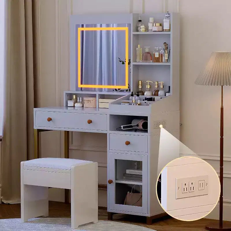 Coiffeuse avec Miroir Lumineux, Prise de Courant, Meuble en Acrylique, 2 Tiroirs, Étagères de Rangement Ouvertes, LED 3 Couleurs, Table de Maquillage, Blanche
