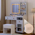Coiffeuse avec Miroir Lumineux, Prise de Courant, Meuble en Acrylique, 2 Tiroirs, Étagères de Rangement Ouvertes, LED 3 Couleurs, Table de Maquillage, Blanche