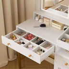 Coiffeuse avec Miroir Lumineux, Prise de Courant, Meuble en Acrylique, 2 Tiroirs, Étagères de Rangement Ouvertes, LED 3 Couleurs, Table de Maquillage, Blanche