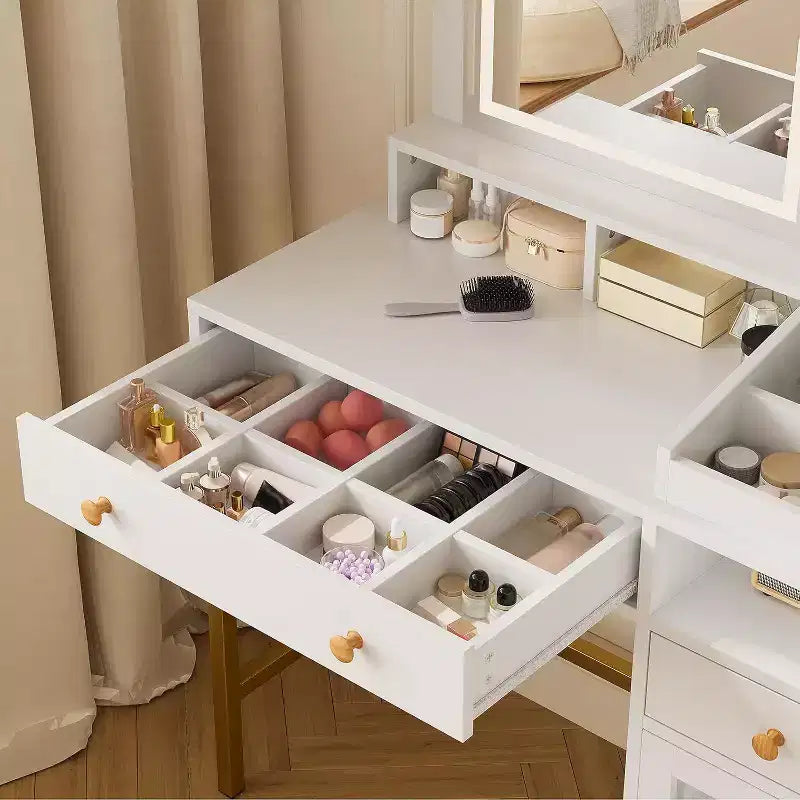 Coiffeuse avec Miroir Lumineux, Prise de Courant, Meuble en Acrylique, 2 Tiroirs, Étagères de Rangement Ouvertes, LED 3 Couleurs, Table de Maquillage, Blanche