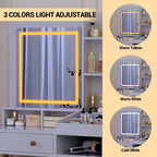Coiffeuse avec Miroir Lumineux, Prise de Courant, Meuble en Acrylique, 2 Tiroirs, Étagères de Rangement Ouvertes, LED 3 Couleurs, Table de Maquillage, Blanche