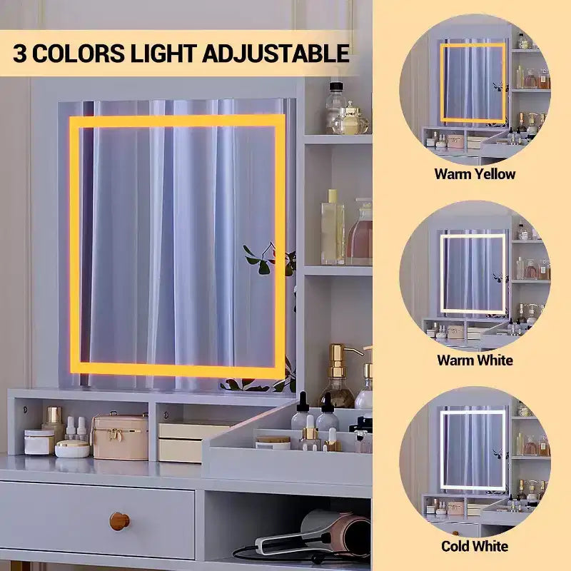 Coiffeuse avec Miroir Lumineux, Prise de Courant, Meuble en Acrylique, 2 Tiroirs, Étagères de Rangement Ouvertes, LED 3 Couleurs, Table de Maquillage, Blanche