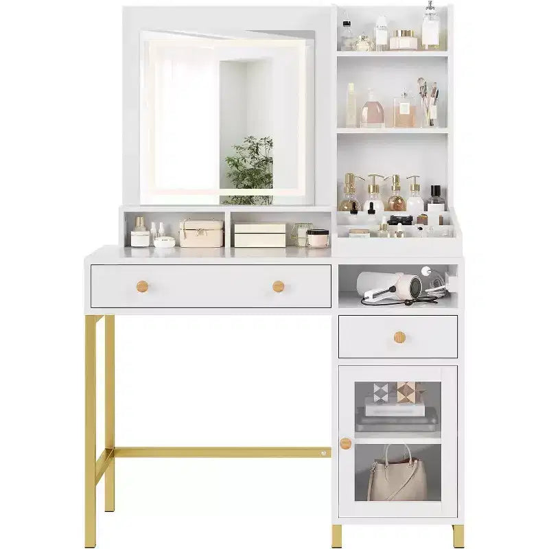 Coiffeuse avec Miroir Lumineux, Prise de Courant, Meuble en Acrylique, 2 Tiroirs, Étagères de Rangement Ouvertes, LED 3 Couleurs, Table de Maquillage, Blanche