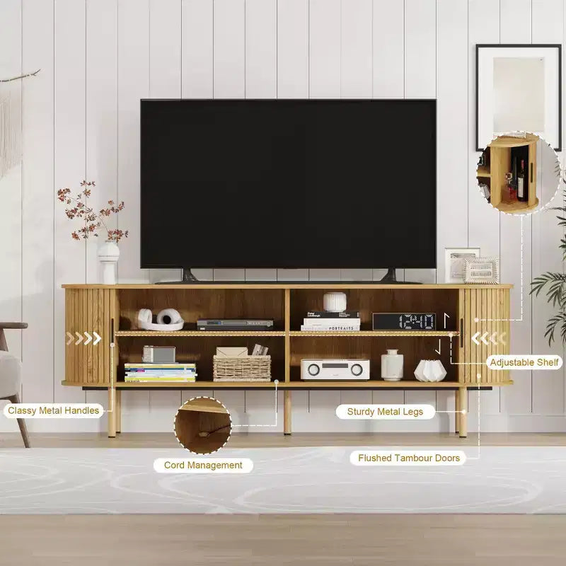 Meuble TV moderne pour téléviseurs jusqu'à 80 pouces, meuble TV nervuré de 70 pouces avec rangement et porte coulissante, table console TV, buffet