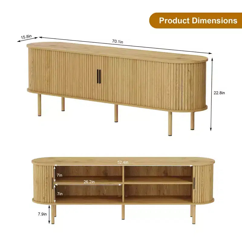 Meuble TV moderne pour téléviseurs jusqu'à 80 pouces, meuble TV nervuré de 70 pouces avec rangement et porte coulissante, table console TV, buffet