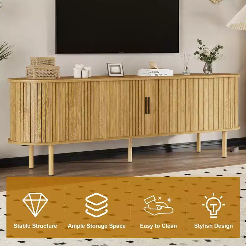Meuble TV moderne pour téléviseurs jusqu'à 80 pouces, meuble TV nervuré de 70 pouces avec rangement et porte coulissante, table console TV, buffet