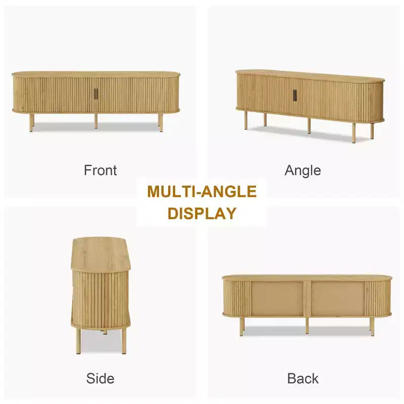 Meuble TV moderne pour téléviseurs jusqu'à 80 pouces, meuble TV nervuré de 70 pouces avec rangement et porte coulissante, table console TV, buffet
