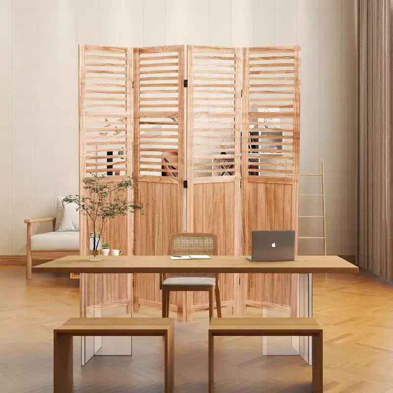 MAYEERTY 4 Panel Solid Wood Folding Room Divider Privacy Natural 55.2x65