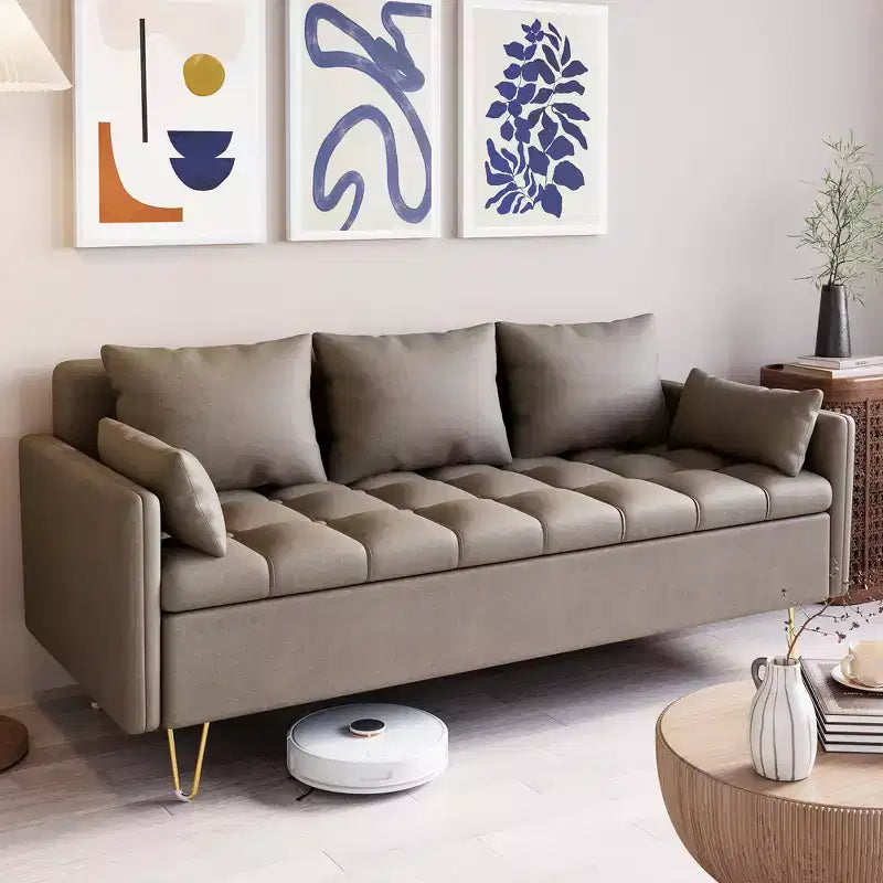 63.8 Inch Modern 3-Seat Sofa Couch with Storage Under Seat Cushion, Comfy Leather Fabric Sofa with 5 Pillows, Memory Foam, for Living Room, Bedroom