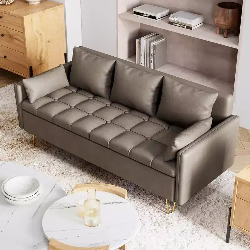 Canapé moderne 3 places de 162 cm avec rangement sous le coussin, canapé confortable en tissu cuir avec 5 oreillers, mousse à mémoire de forme, pour salon, chambre à coucher