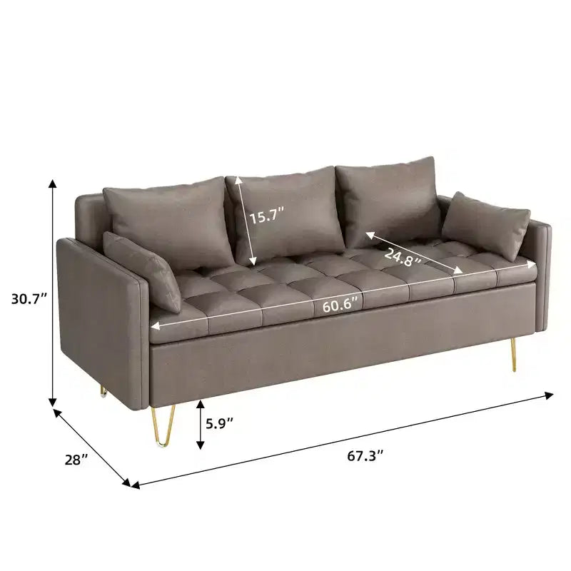 Canapé moderne 3 places de 162 cm avec rangement sous le coussin, canapé confortable en tissu cuir avec 5 oreillers, mousse à mémoire de forme, pour salon, chambre à coucher