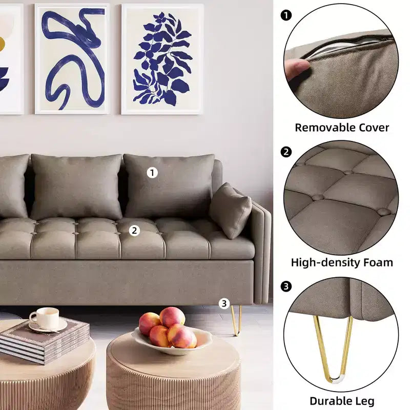 Canapé moderne 3 places de 162 cm avec rangement sous le coussin, canapé confortable en tissu cuir avec 5 oreillers, mousse à mémoire de forme, pour salon, chambre à coucher