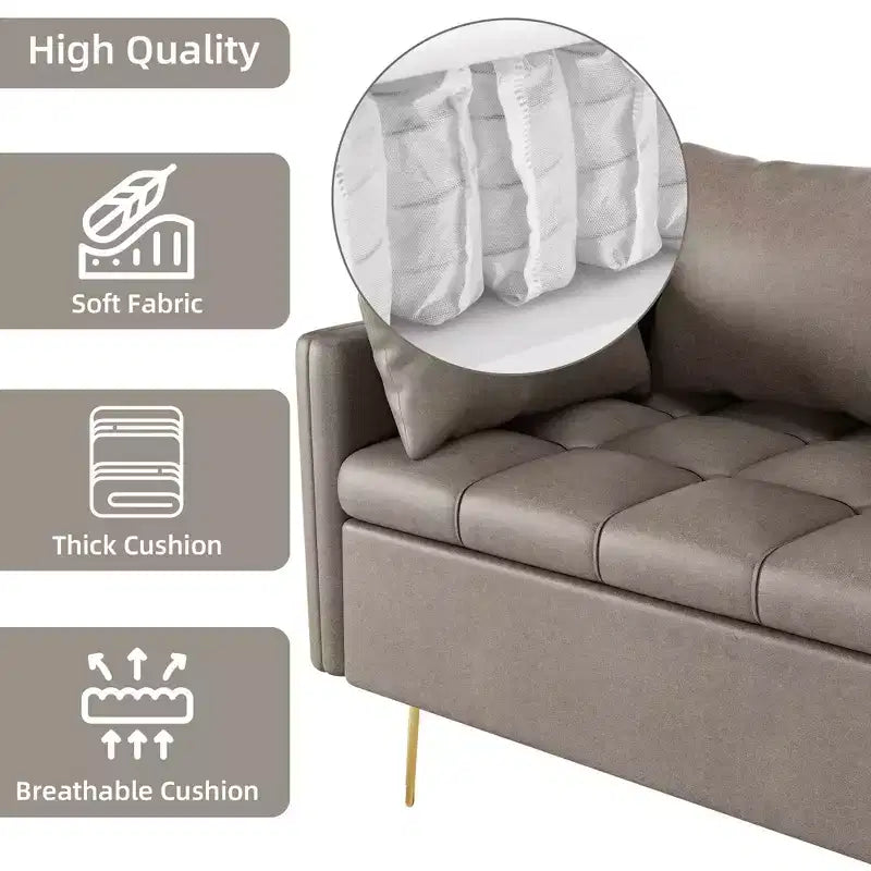 Canapé moderne 3 places de 162 cm avec rangement sous le coussin, canapé confortable en tissu cuir avec 5 oreillers, mousse à mémoire de forme, pour salon, chambre à coucher