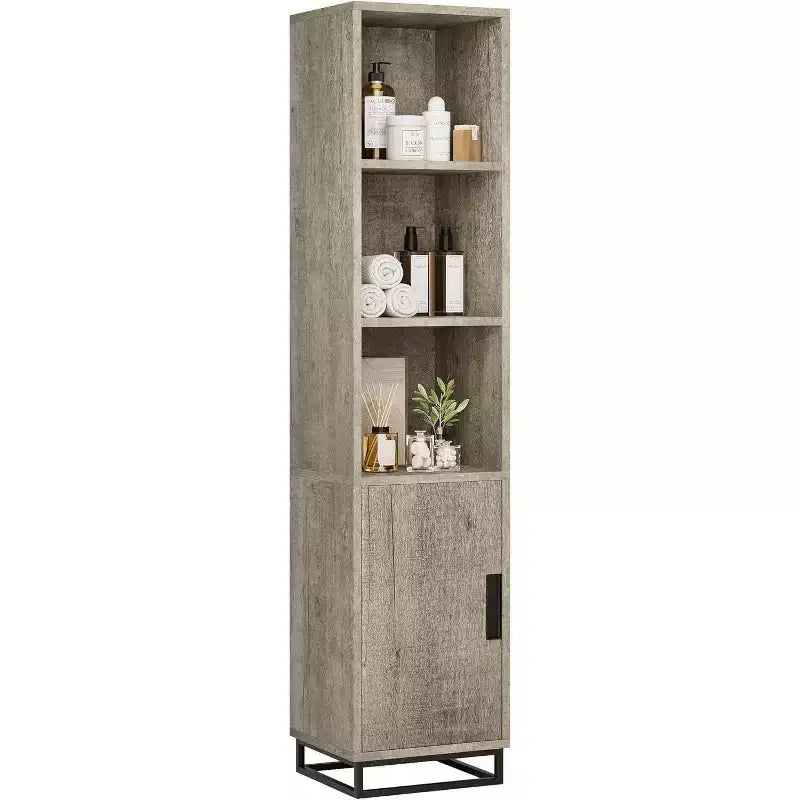Meuble de rangement haut et étroit de 178 cm pour salle de bain avec porte et étagères réglables, unité de rangement ouverte autoportante pour buanderie, salon, gris