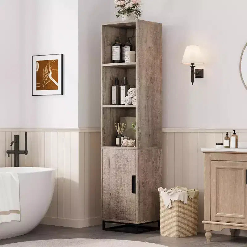 Meuble de rangement haut et étroit de 178 cm pour salle de bain avec porte et étagères réglables, unité de rangement ouverte autoportante pour buanderie, salon, gris