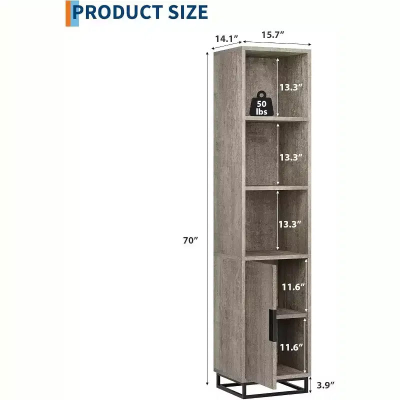 Meuble de rangement haut et étroit de 178 cm pour salle de bain avec porte et étagères réglables, unité de rangement ouverte autoportante pour buanderie, salon, gris