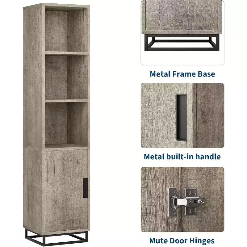 Meuble de rangement haut et étroit de 178 cm pour salle de bain avec porte et étagères réglables, unité de rangement ouverte autoportante pour buanderie, salon, gris