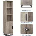 Meuble de rangement haut et étroit de 178 cm pour salle de bain avec porte et étagères réglables, unité de rangement ouverte autoportante pour buanderie, salon, gris