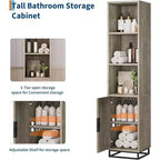 Meuble de rangement haut et étroit de 178 cm pour salle de bain avec porte et étagères réglables, unité de rangement ouverte autoportante pour buanderie, salon, gris