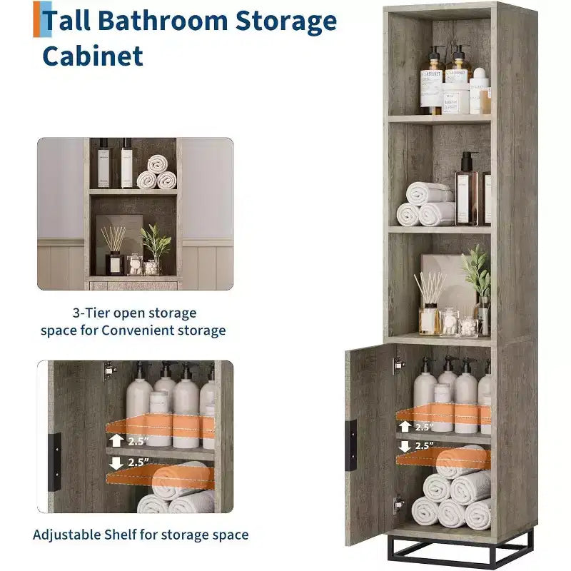 Meuble de rangement haut et étroit de 178 cm pour salle de bain avec porte et étagères réglables, unité de rangement ouverte autoportante pour buanderie, salon, gris
