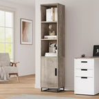 Meuble de rangement haut et étroit de 178 cm pour salle de bain avec porte et étagères réglables, unité de rangement ouverte autoportante pour buanderie, salon, gris