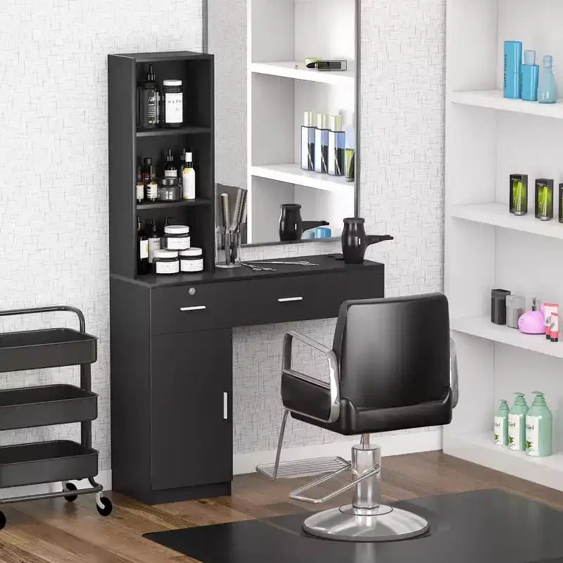 Station de Coiffure Murale pour Salon, Coiffeuse avec Meuble de Rangement, Noir