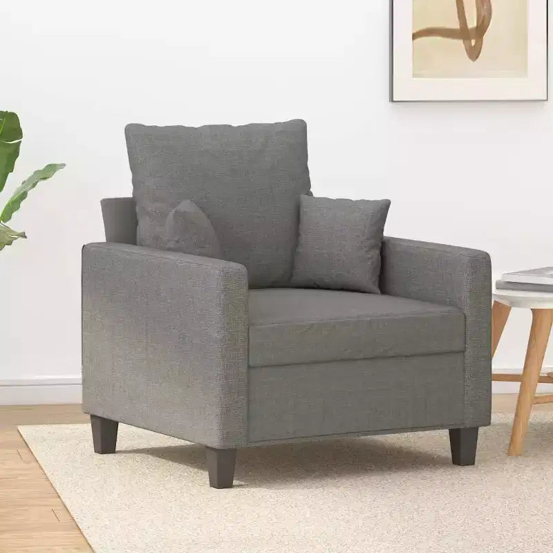 Fauteuil-canapé 1 place moderne, tissu gris foncé, très confortable, châssis robuste et stable, assise rembourrée et épaisse, design simple et élégant