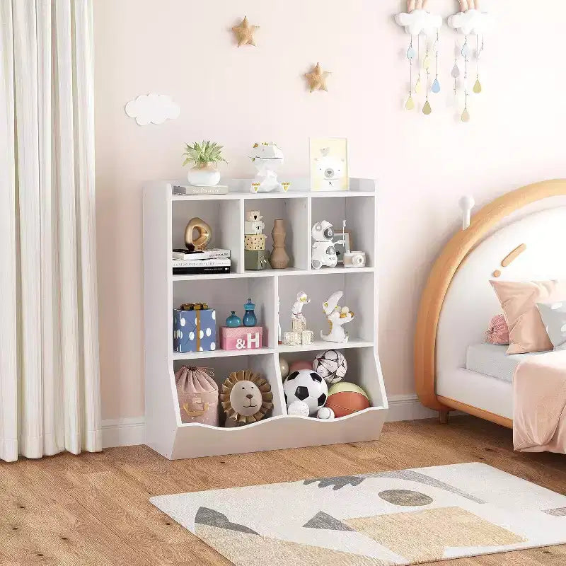 Meuble de Rangement Blanc pour Jouets, Étagère à Livres 3 Niveaux pour Enfants avec Organiseur à Casiers, Compartiments Ouverts et Bacs Inclinables pour Chambre ou Salle de Jeux