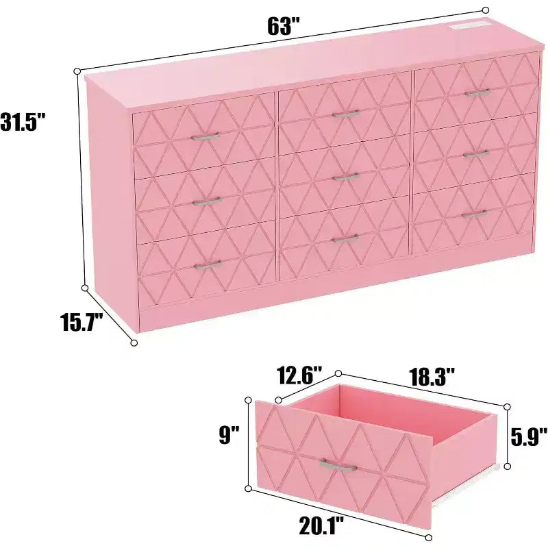Commode 9 tiroirs, coiffeuse rose 63 po avec prise de courant et ports USB, meuble de rangement moderne pour chambre à coucher, salon, couloir