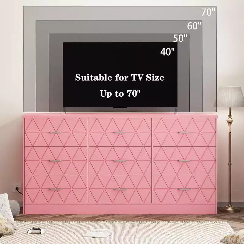 Commode 9 tiroirs, coiffeuse rose 63 po avec prise de courant et ports USB, meuble de rangement moderne pour chambre à coucher, salon, couloir