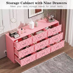 Commode 9 tiroirs, coiffeuse rose 63 po avec prise de courant et ports USB, meuble de rangement moderne pour chambre à coucher, salon, couloir