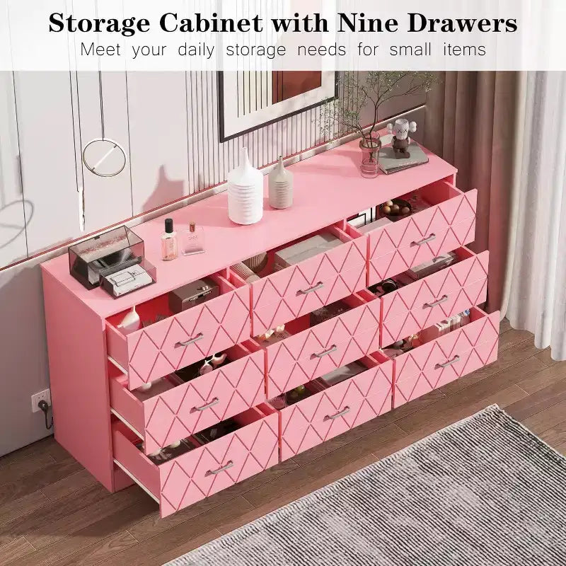 Commode 9 tiroirs, coiffeuse rose 63 po avec prise de courant et ports USB, meuble de rangement moderne pour chambre à coucher, salon, couloir